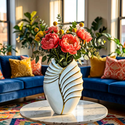 Elegant Gold Feather Leaf Ceramic Vase