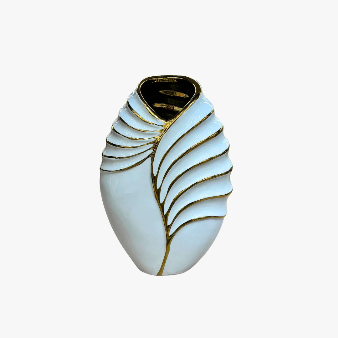 Elegant Gold Feather Leaf Ceramic Vase