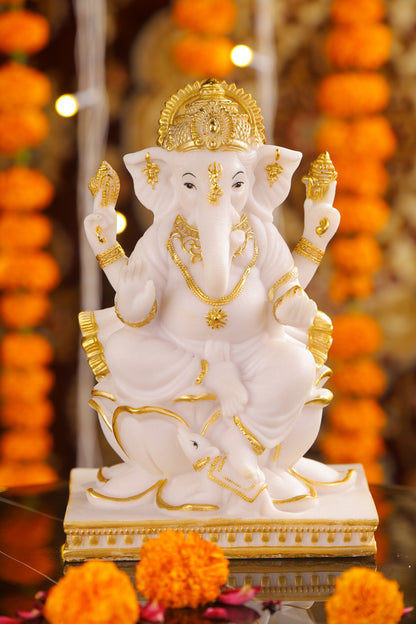 Marble Ganesha Idol with Golden Pedestal