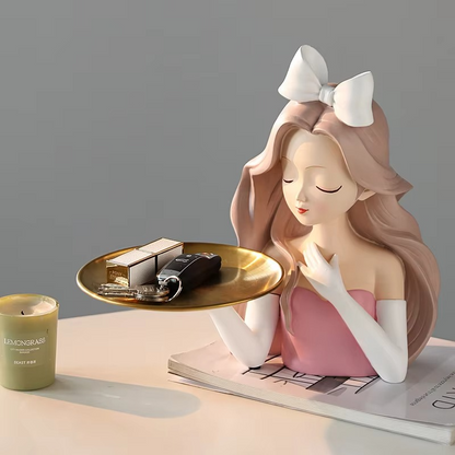 Stylish girl sculpture with tray, ideal for living room or vanity decor

