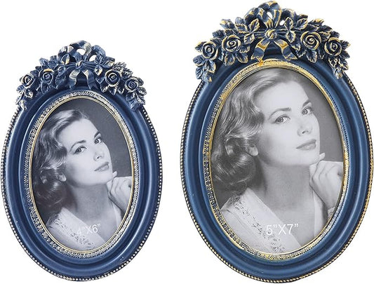 Elegant navy blue oval photo frame with vintage detailing for classic home decor

