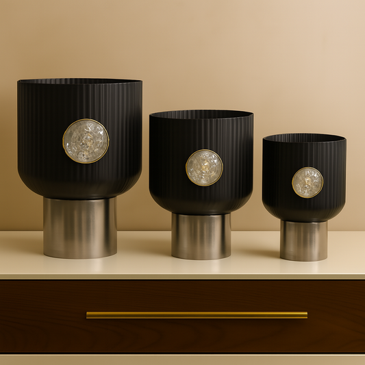 Luxury Black & Silver Planter Set with Crystal Accent (Set of 3)