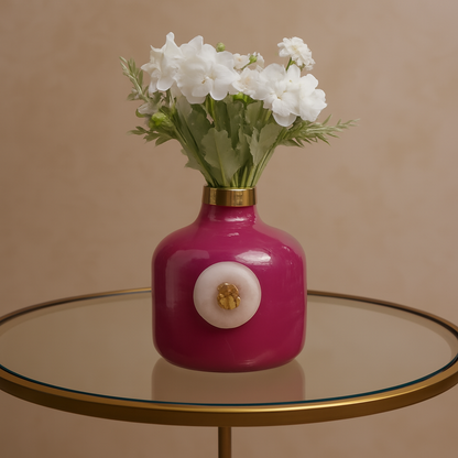 Elegant Ceramic Vase with Golden Cap & Natural Stone Accent