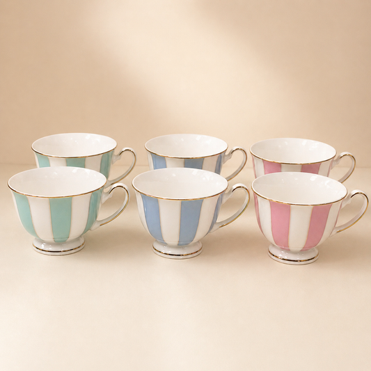 Pastel Striped Porcelain Tea Cups Set with Gold Rim – Set of 6