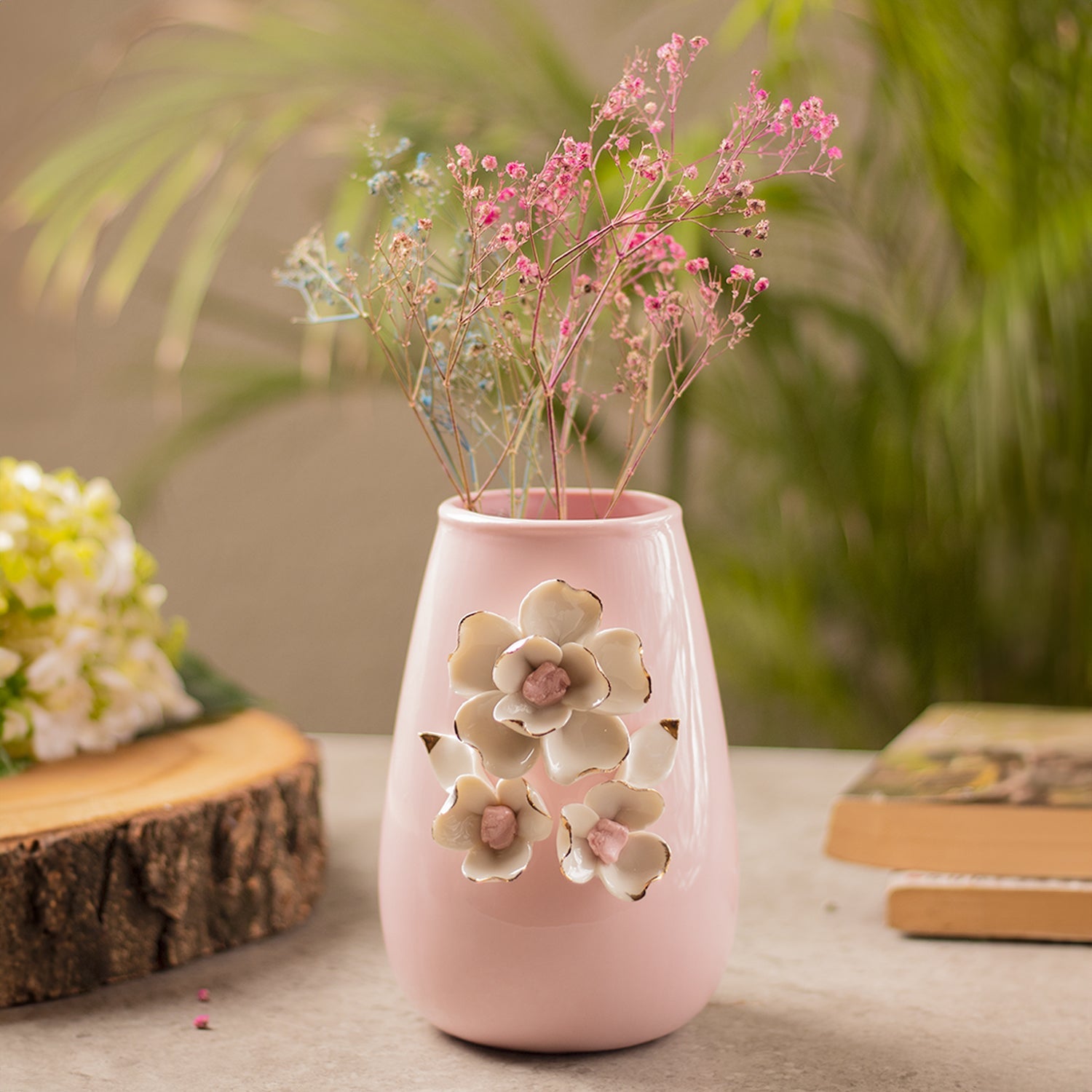 Pink Ceramic Floral Ribbed Vase