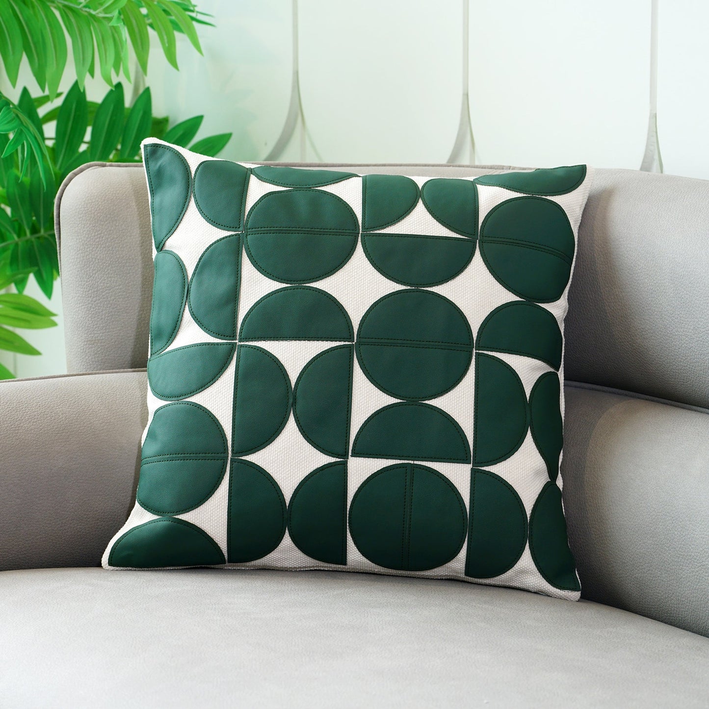 Premium Geometric Leather-Appliqué Cushion Collection – Modern Circle Motif