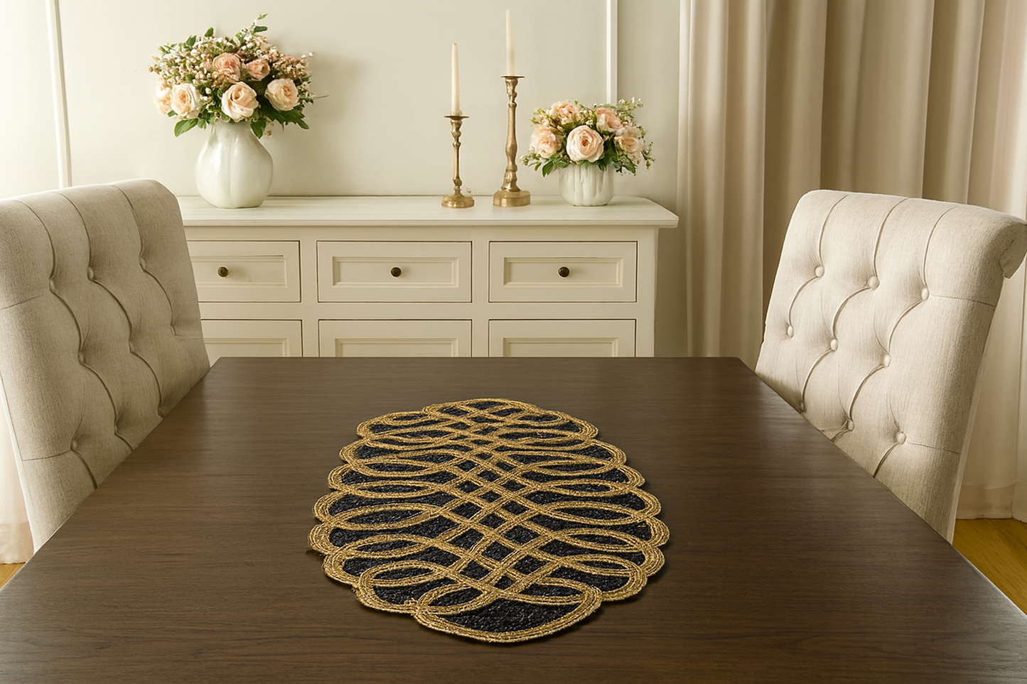 Gold Floral Hand-Beaded Table Runner – Luxury Dining Table Decor