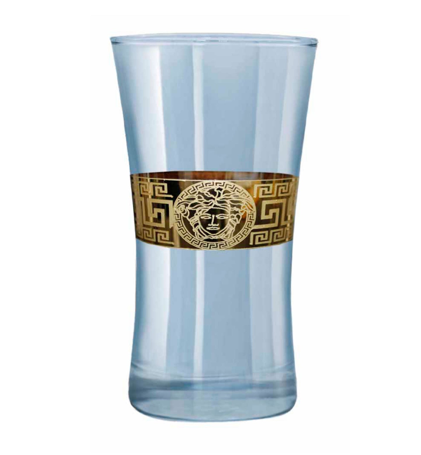 Blue Luxury Glass with Golden Lion Emblem & Greek Key Design