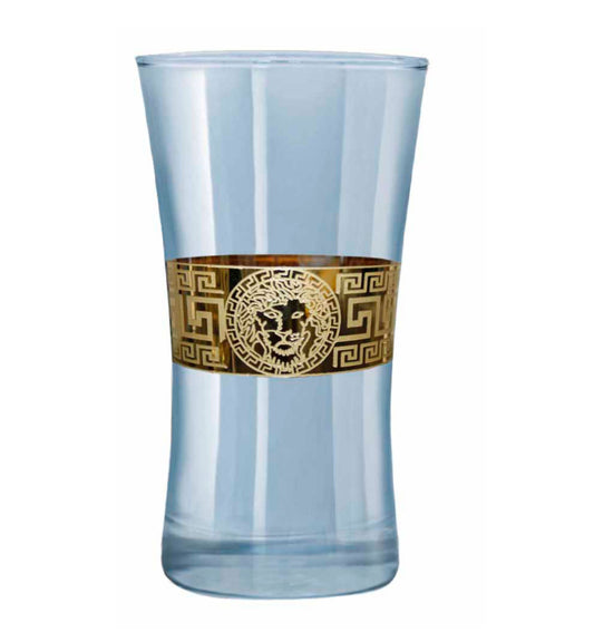 Blue Luxury Glass with Golden Lion Emblem & Greek Key Design