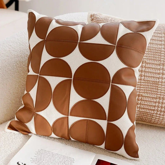 Premium Geometric Leather-Appliqué Cushion Collection – Modern Circle Motif