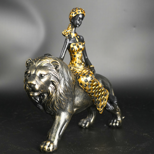 Elegant African Lady with Lion Figurine