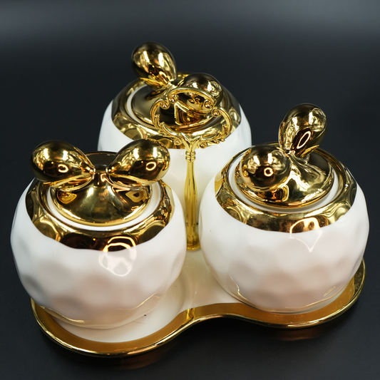 Luxury Golden Ceramic Jar Set with Tray (3 Pieces)