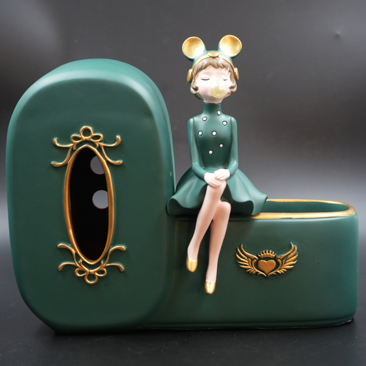 Modern Girl Figurine with Green Tissue Box Holder