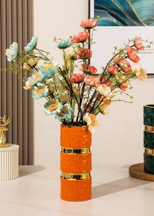 ORANGE HAMMERED TEXTURE CYLINDRICAL VASES WITH GOLD ACCENTS