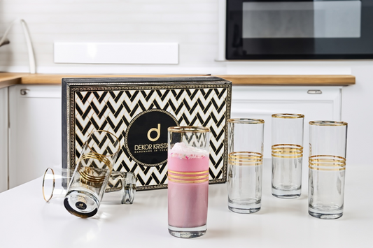 Elegant smokey glasses with 3 gold lines, set of 6