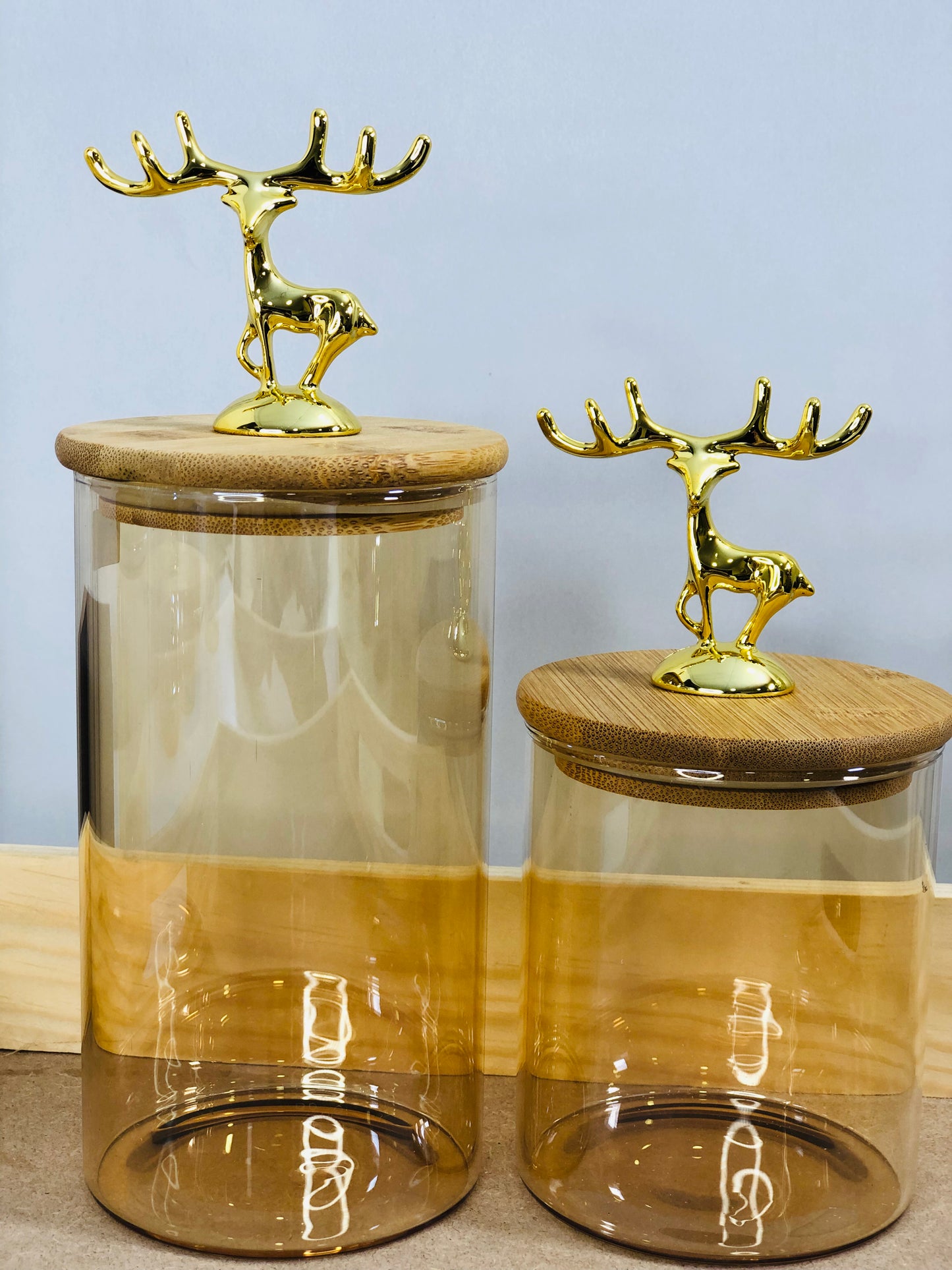 Amber Glass Jar with Wooden Deer Design