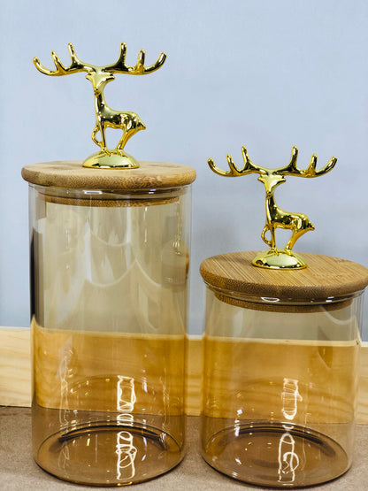  Amber Glass Jar with Wooden Deer Design