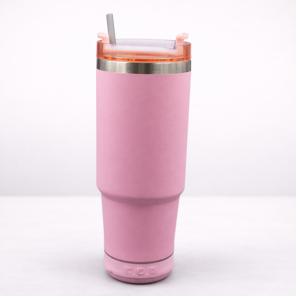 Pink tumbler with a straw on a bluetooth 
