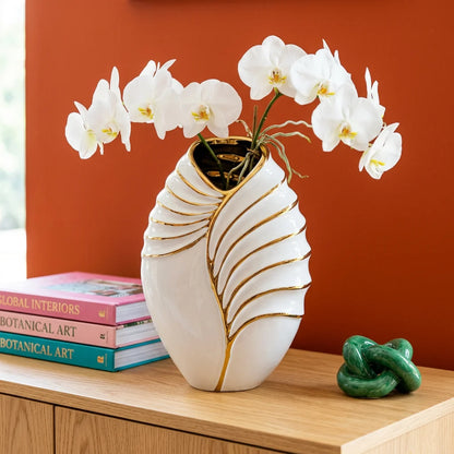 Elegant Gold Feather Leaf Ceramic Vase