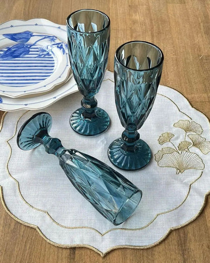 Elegant blue fluted glasses on a table