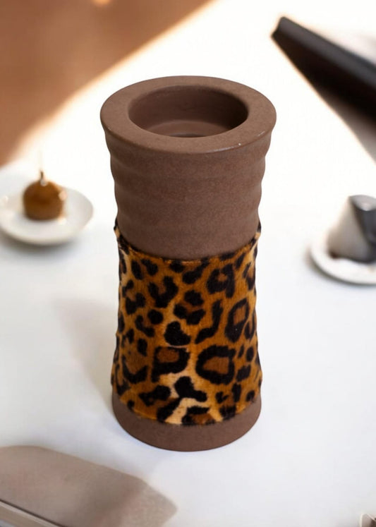 Rustic Candle Holder with Faux Leopard Fur Wrap