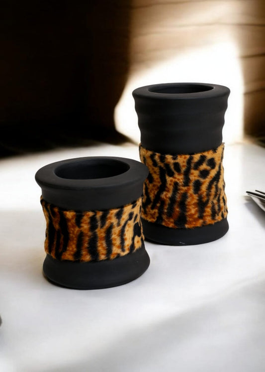 Rustic Brown Candle Holder with Faux Leopard Fur Wrap Set-2