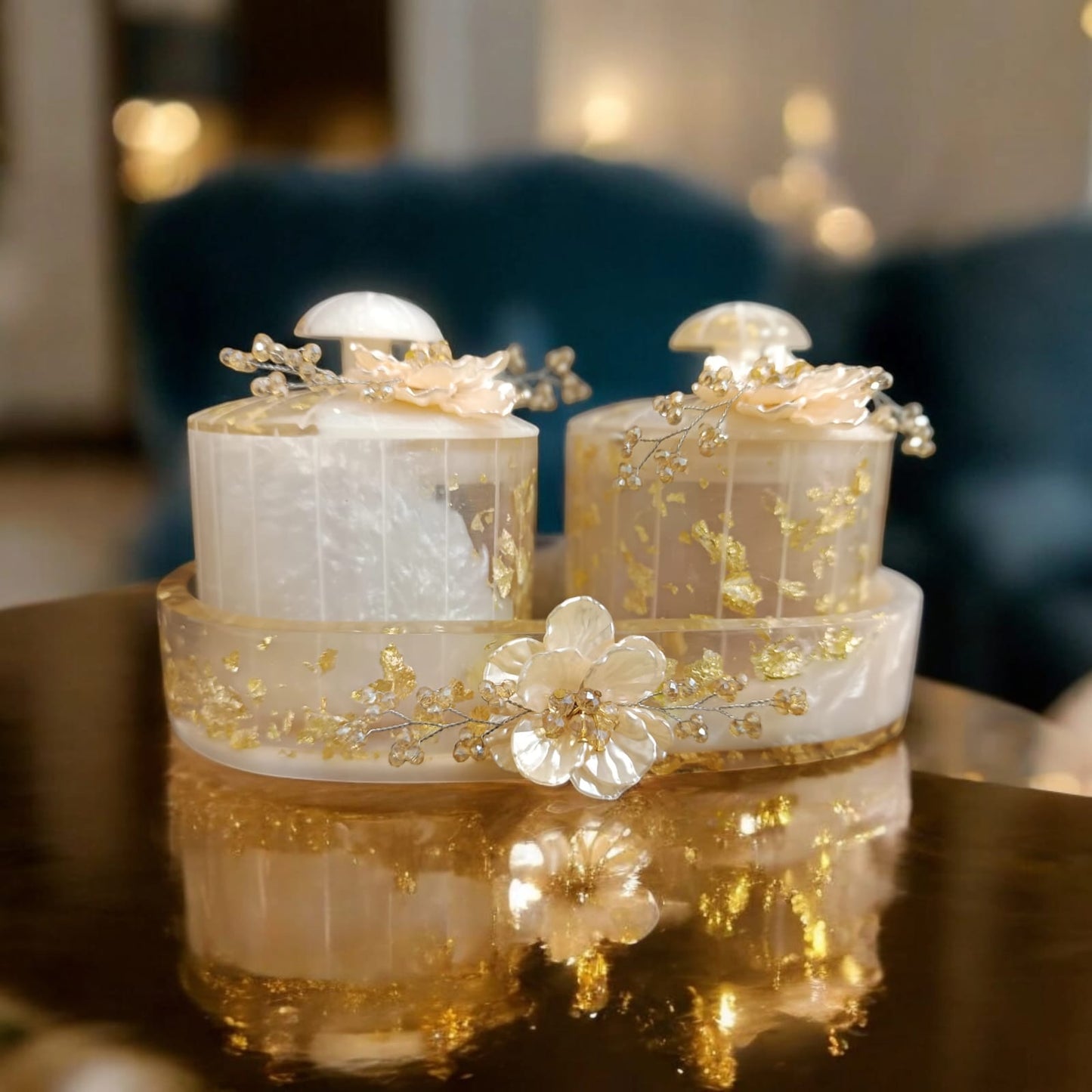 Luxurious Pearl White Decorative Jar Set with Floral Accents