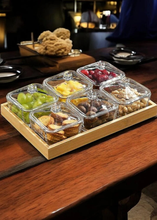 Elegant Glass Snack Serving Tray with Wooden Base (6-Compartment Set)