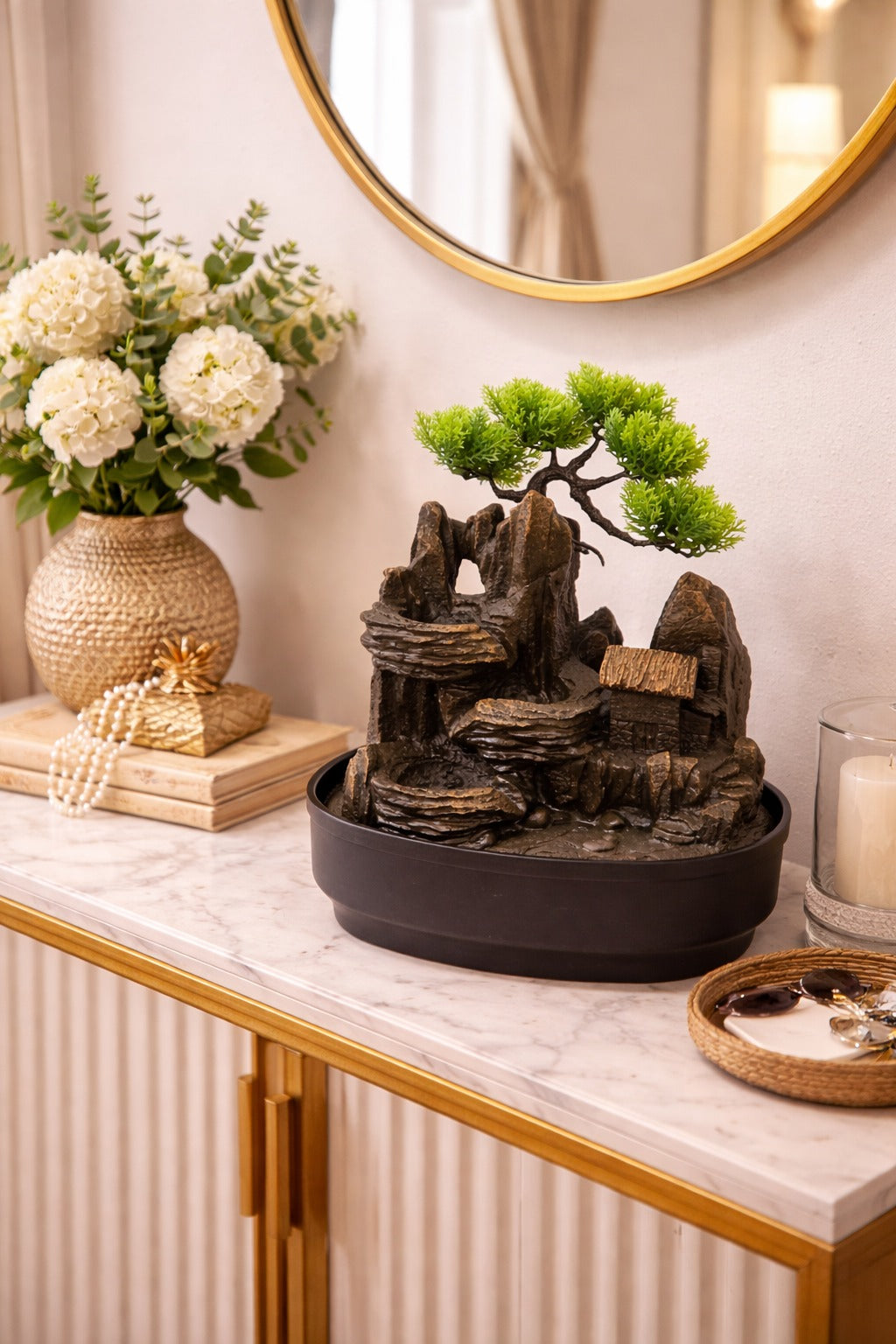 Miniature Landscape Tabletop Fountain with Bonsai Tree & LED Lighting