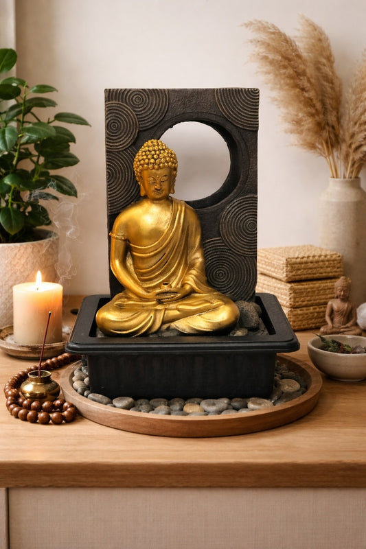 Zen Buddha Indoor Water Fountain with LED Light & Incense Holder