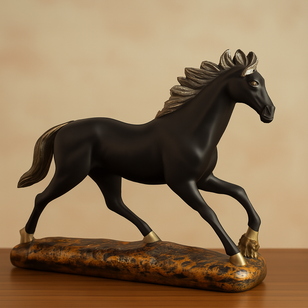 Black Horse Galloping Statue with Gold Accents