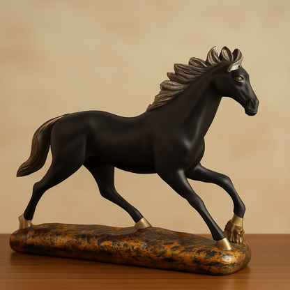 Black Horse Galloping Statue with Gold Accents