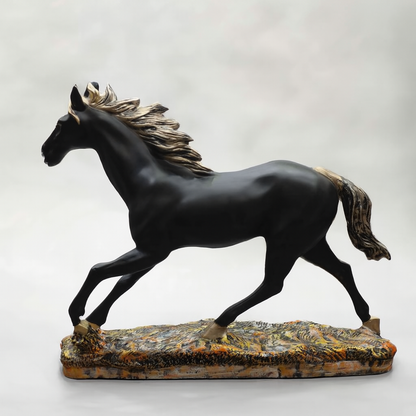 Black Horse Galloping Statue with Gold Accents