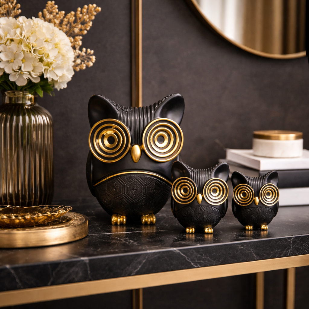 Elegant Black & Gold Owl Figurine Set – Modern Decorative Accent (Set of 3)