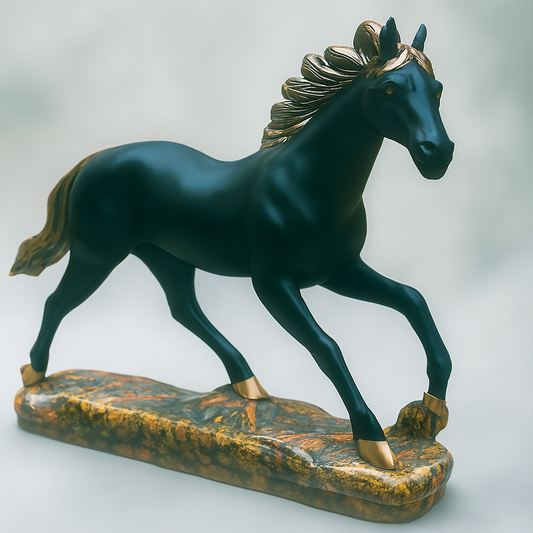 Black Horse Galloping Statue with Gold Accents