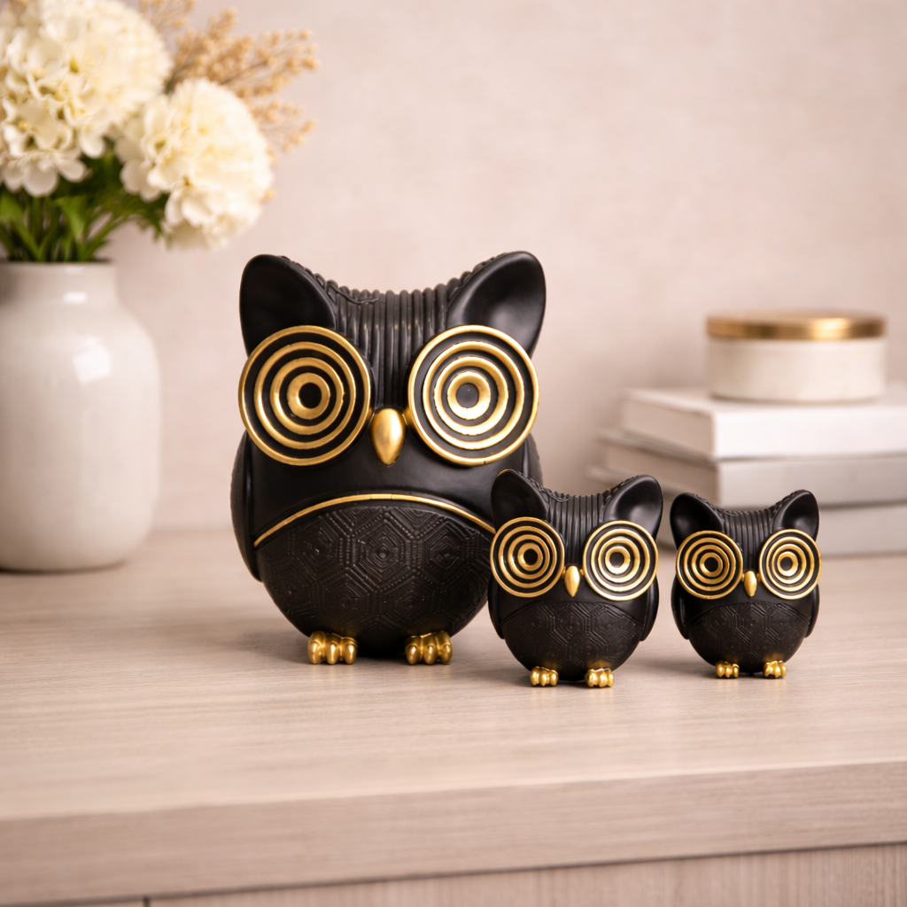 Elegant Black & Gold Owl Figurine Set – Modern Decorative Accent (Set of 3)