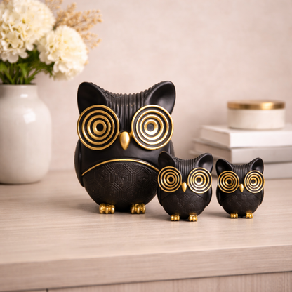 Elegant Black & Gold Owl Figurine Set – Modern Decorative Accent (Set of 3)