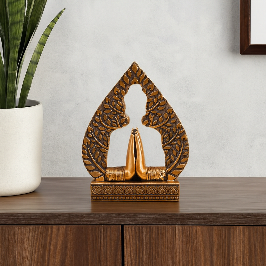 Namaste Hand Gesture with Leaf Frame Sculpture