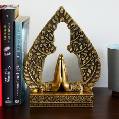 Namaste Hand Gesture with Leaf Frame Sculpture