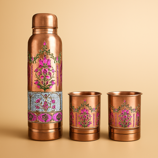 Handcrafted Copper Bottle with Matching Glasses – Floral Design
