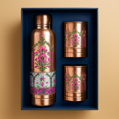 Handcrafted Copper Bottle with Matching Glasses – Floral Design