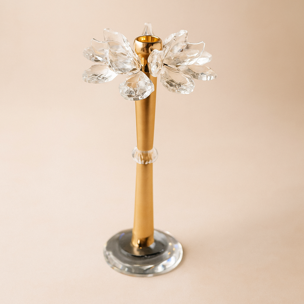 Elegant Crystal Flower Candle Holder – Gold Finish