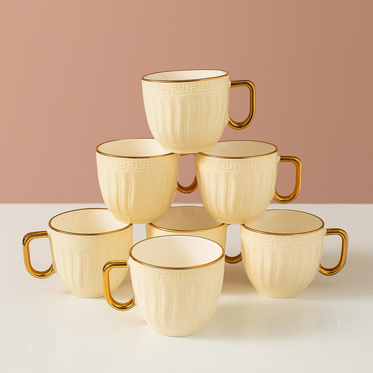 Elegant Ivory Ceramic Tea Cups with Golden Handle – Set of 6