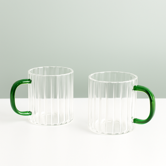 Transparent Glass Mug Set with Green Handles
