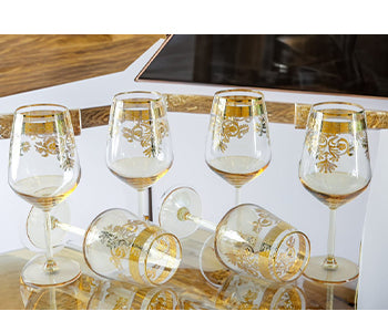 Azade Gold 450ml Wine Glasses With Embossed Gold Set of 6