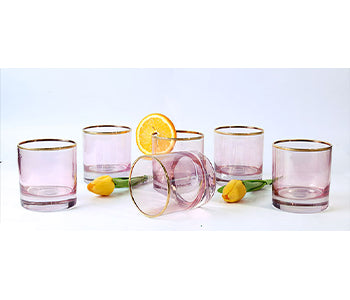 Pink Luster With Gold Line Set of 6,390ml With Wooden Gold Box Whiskey Glass