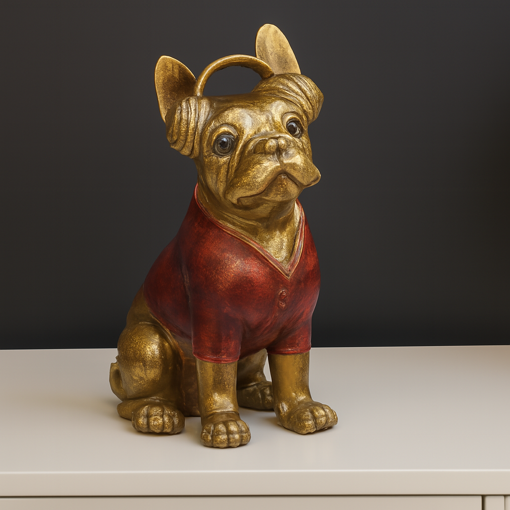 Golden Bulldog Figurine in Red Attire
