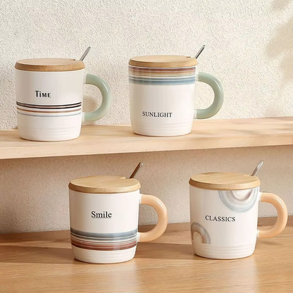 Geometric Pattern Ceramic Tea & Coffee Mug with Wood Lid