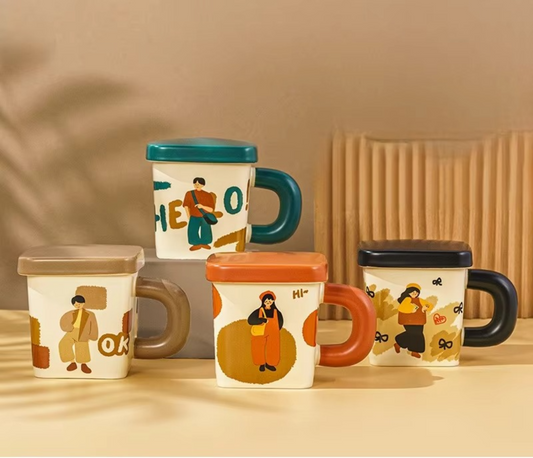 New Cute Ceramic square Couple Cup with Lid 380ml