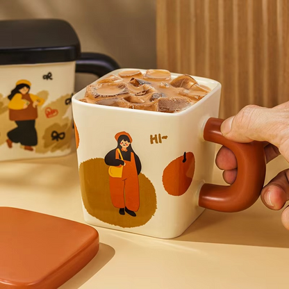 New Cute Ceramic square Couple Cup with Lid 380ml